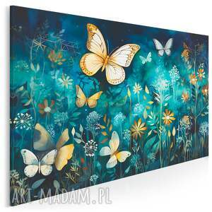 obraz na płótnie - kwiaty motyle turkus - 120x80 cm (105101)