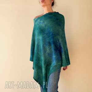 ponczo z wełny merino morskie, unikatowa narzutka, dzianinowa tunika, prezent