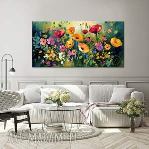 poziomy obraz do salonu 50x100 cm - zielony z kolorowymi kwiatami