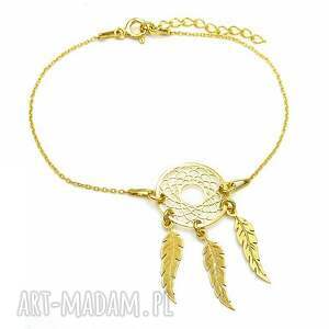 pozłacana bransoletka duży łapacz snów, boho, styl pióra