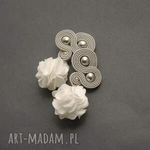 szaro białe klipsy sutasz z kwiatkiem, sznurek, eleganckie, wieczorowe