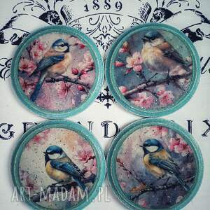 ozdobne podkładki z sikorkami i kwiatami, decoupage, shabby chic, ptaki