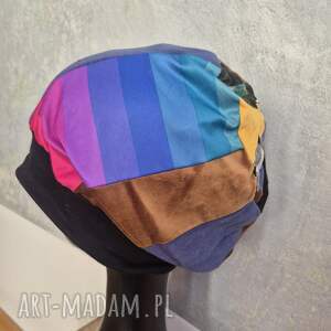 czapka damska patchworkowa na podszewce rozmiar uniwersalna z motywem tęczy