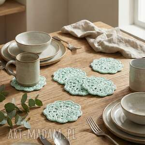 zestaw 6 szydełkowych podkładek pod kubki / 100 bawełna - mięta, podkładki