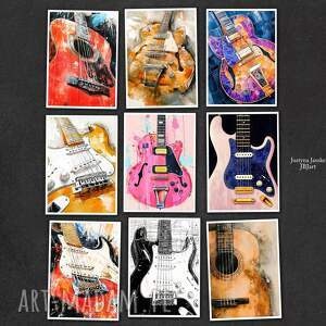 gitary - zestaw 9 grafik 13x18 cm, prezent dla muzyka gitarzysty