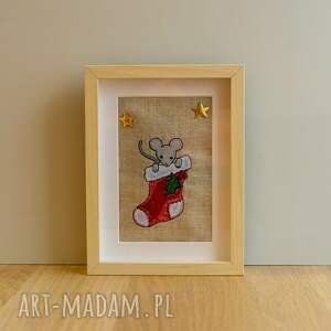 haftowany obrazek - myszka w skarpecie świąteczny prezent, ozdoba świąteczna