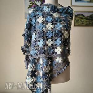 ręcznie na drutach - wyjątkowy, duży szydełkowy szal z wełną, rękodzieło