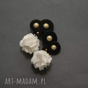 czarno białe klipsy sutasz z kwiatkiem, sznurek, eleganckie