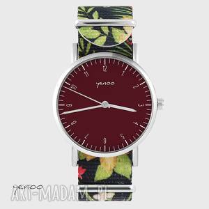 zegarek - simple elegance, bordo kwiaty, nato bransoletka klasyczny, prezent