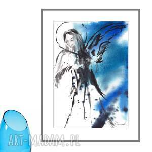 anioł nr4 z cyklu anioły w błękitach - ręcznie malowana akwarela 30cm x 21cm