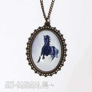 medalion, naszyjnik - czarny koń 2 antyczny brąz, zdobiony, owalny, wisiorek