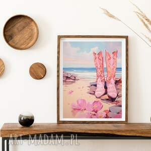 plakaty różowy plakat w stylu boho girl - coastal girl - plakat różowe buty kowbojki