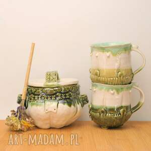 handmade ceramika zielono - biały zestaw