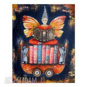 Prezent Anioł Bibliofil 15 oryginalny obraz ręcznie malowany collage