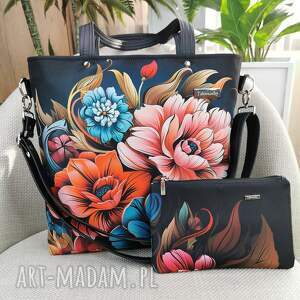 Prezent Torebka damska shopperka z kosmetyczką - kwiaty