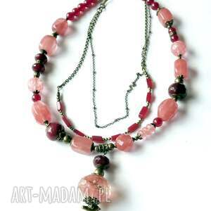 kwarc różowy, wiśniowy i turmalin naszyjnik unikatowy handmade prezent lux