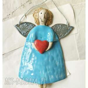 aniołek w błękitnej sukience z sercem, ceramika