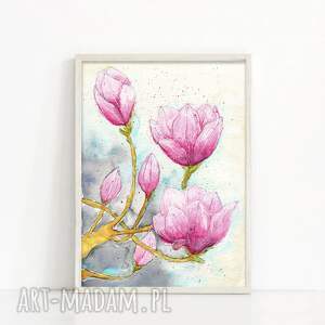 oryginalna akwarela A4 magnolie kwiaty, drzewa plakaty