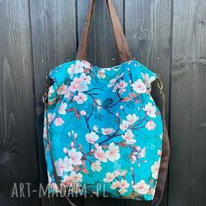 Torba na ramię XXL - kwitnąca wiśnia, welur, print