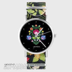 handmade zegarki zegarek - folkowy, czarny - kwiaty, nato