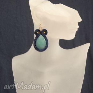 granatowe kolczyki sutasz z hemimorfitami morskie, zielone, soutache eleganckie