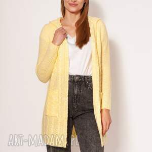 kardigan z kapturem - pa019 lemon mkm, żółty sweter, sweter długim
