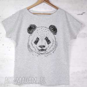 ręcznie zrobione bluzki panda koszulka bawełniana szara z nadrukiem s/m