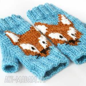 ręczne wykonanie rękawiczki z liskiem/mitenki ciepłe na jesień/niebieskie rękawiczki