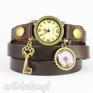 handmade bransoletka, zegarek - dmuchawiec - brązowy, skórzany
