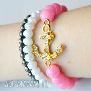 handmade bracelet by sis: cyrkoniowa kotwica w różowym marmurze