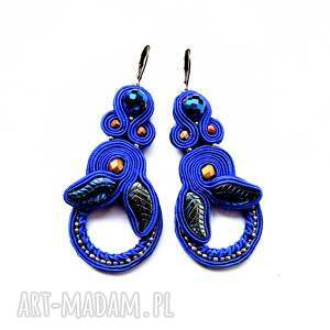 Bajobongo - cobalt leaves kolczyki sutaszowe, kolczyki haftowane, sutasz, haft sutasz