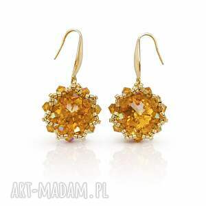 złote wiszące kolczyki topaz maxima z kryształami preciosa, kobieca biżuteria