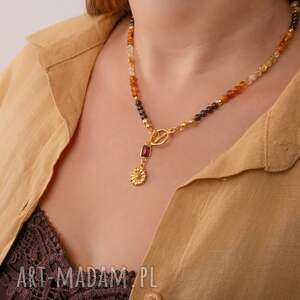 Naszyjnik z bursztynem, cytrynem i granatem Kwiaty, Srebro 925