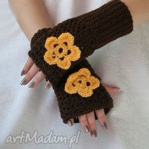 rękawiczki, mitenki brąz z żółtym kwiatkiem ocieplacze, prezent