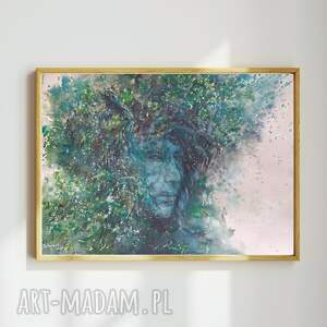 duch lasu - oryginalna akwarela 42x29,7 cm obraz z lasem, mitologia mityczna