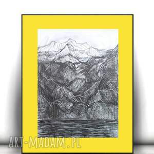 oryginalny rysunek z górami, górski pejzaż 30x40, góry obrazek malowany ręcznie, biało