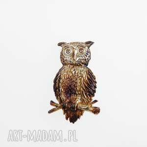 Broszka sowa średnia brąz, elegancka, biżuteria srebrna