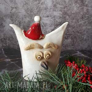 świąteczna sowa śnieżna ceramika badura, dekoracje świąteczne figurka