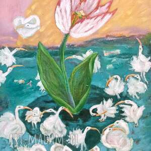 dzień zakochanych, butelkowa zieleń, pejzaż z tulipanem, ptakami