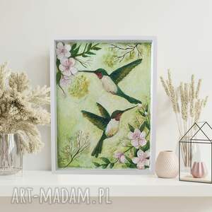 kolibry wśród kwiatów - obraz strukturalny 3d, płaskorzeźba