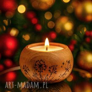 Prezent Drewniany świecznik z motywem - DMUCHAWCE ręcznie wypalany