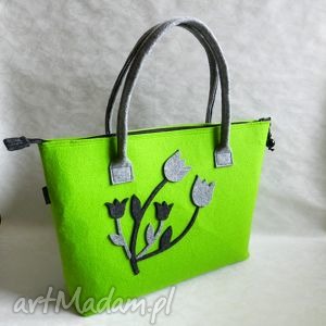 duża zielona filcowa torba z kwiatkami, prezent, torebka na ramię