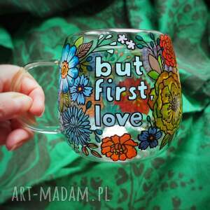 Prezent Ręcznie malowany szklany kubek do kawy herbaty LOVE blue