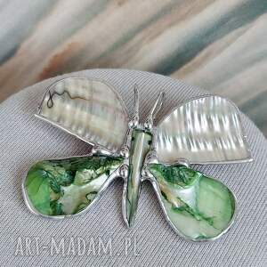 duża broszka i wisior 2 w 1 motyl z tęczową muszlą zieleni perła