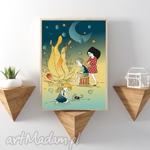 ognisko nocą A4 dziecko, plakat, ilustracja, dekoracja dziewczynka