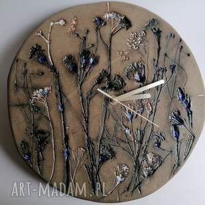 duży zegar chabrowe pole ceramika rękodzieło z gliny, kwiatami