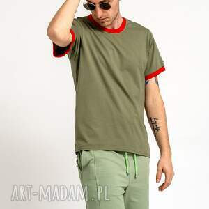 t-shirt męski gładki z czerwonym ściągaczem benjamin zielony koszulka męska