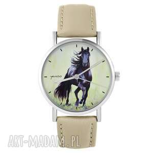 ręcznie robione zegarki zegarek - czarny koń 2 - skórzany, beżowy