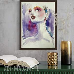 pink and purple, akwarela na papierze, portret kobiety, elegancki prezent