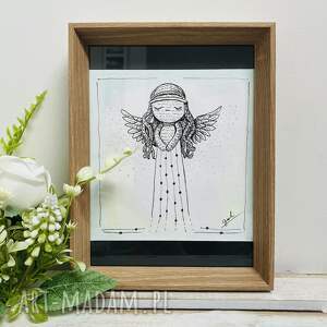 anioł rysunek piórkiem w ramce obrazek na prezent dla dziecka
